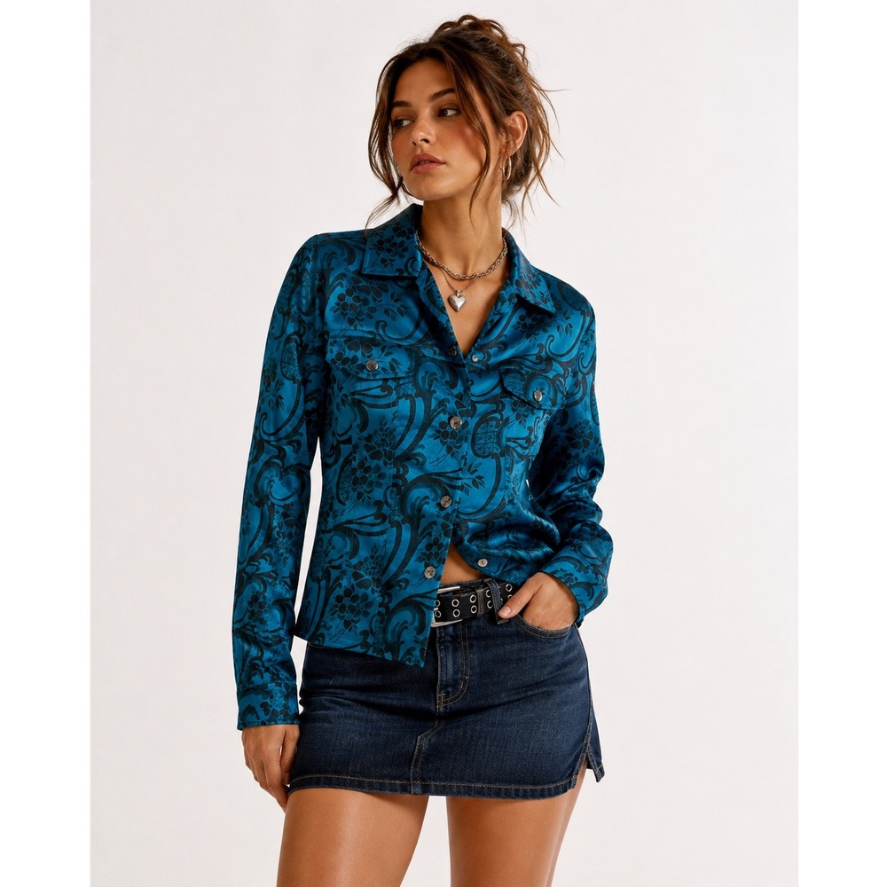 Vintage Y2K Asian Chicos Silk‎ Blend Jacquard Jacket Turquoise Jacquard Small
